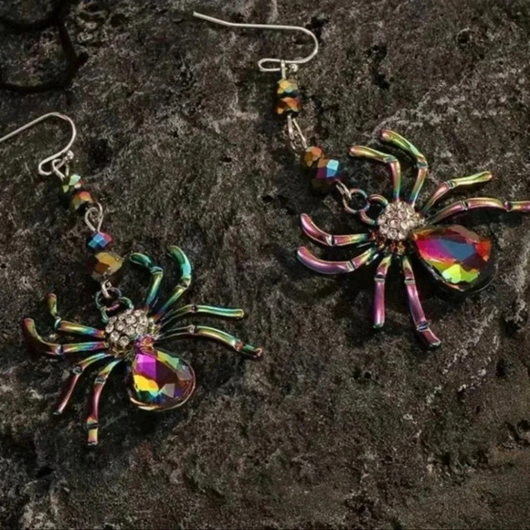 Iridescent Rhinestone Spider Dangle Earrings - Picture 7 of 7